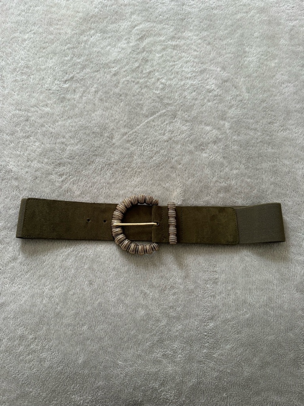 Elastic Olive Green Waist Belt with Wrapped Metal Buckle